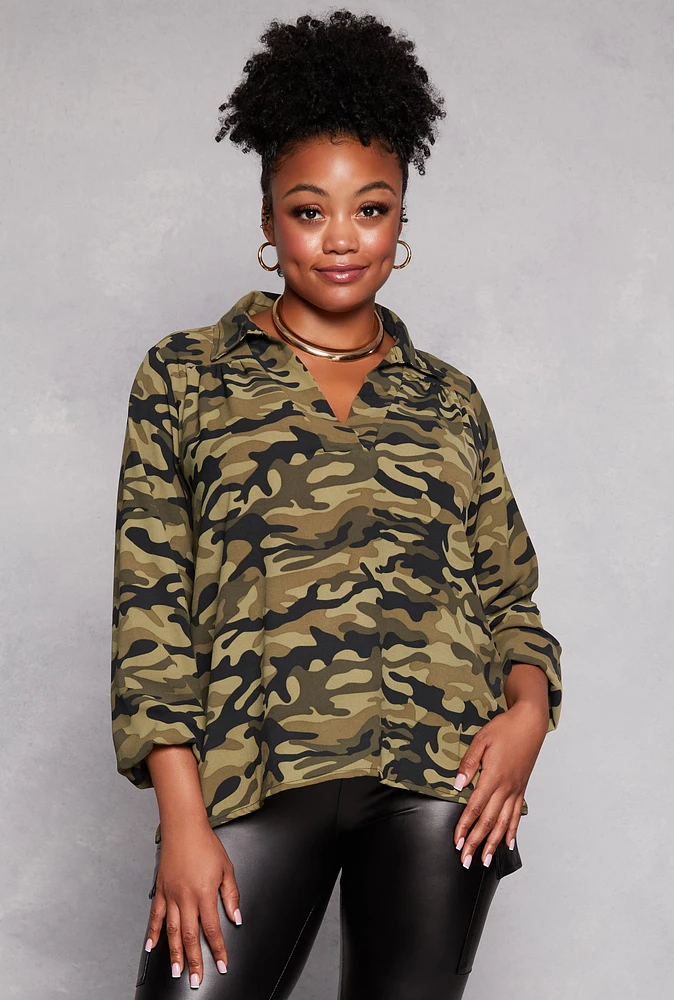 Womens Plus Size Camo Collared V Neck Puff Sleeve Blouse, Green, Size 2X