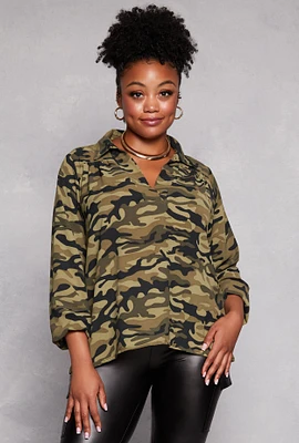 Womens Plus Size Camo Collared V Neck Puff Sleeve Blouse, Green, Size 2X