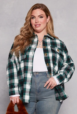 Womens Plus Size Plaid Flannel Button Front Shacket, Green, Size 1X
