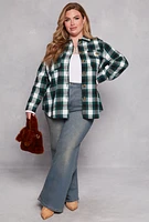 Womens Plus Size Plaid Flannel Button Front Shacket, Green, Size 3X