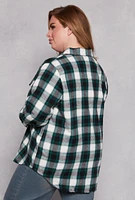 Womens Plus Size Plaid Flannel Button Front Shacket, Green, Size 1X