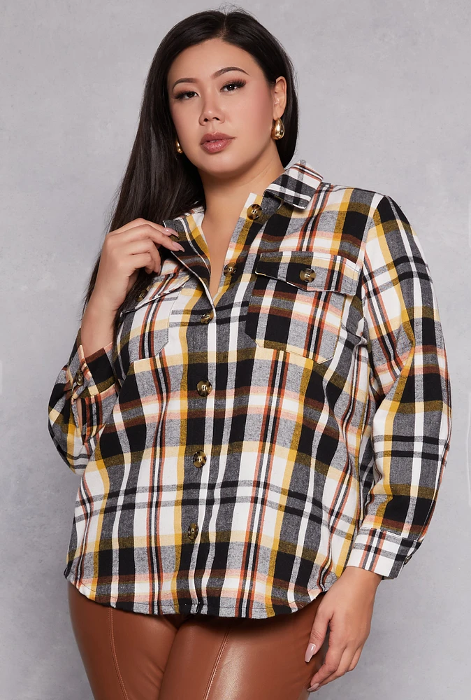 Womens Plus Size Plaid Flannel Button Front Shacket, Multi, Size 3X