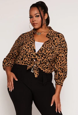 Womens Plus Size Animal Print Button Front Blouse, Brown, Size 1X