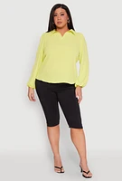Womens Plus Size Airy Johnny Collar Long Sleeve Top, Green, Size 3X