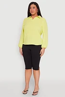 Womens Plus Size Airy Johnny Collar Long Sleeve Top, Green, Size 3X