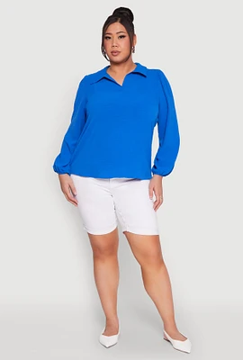 Womens Plus Airy Johnny Collar Long Sleeve Top,