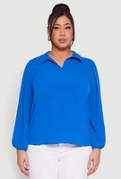 Womens Plus Airy Johnny Collar Long Sleeve Top,
