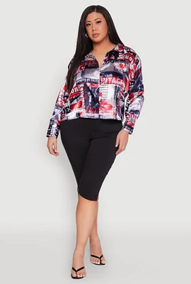 Womens Plus Size Newspaper Print Satin Shirt, Multi, Size 1X
