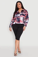 Womens Plus Size Newspaper Print Satin Shirt, Multi, Size 1X