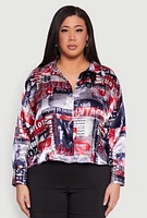 Womens Plus Size Newspaper Print Satin Shirt, Multi, Size 1X