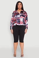 Womens Plus Size Newspaper Print Satin Shirt, Multi, Size 1X