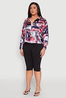 Womens Plus Size Newspaper Print Satin Shirt, Multi, Size 1X