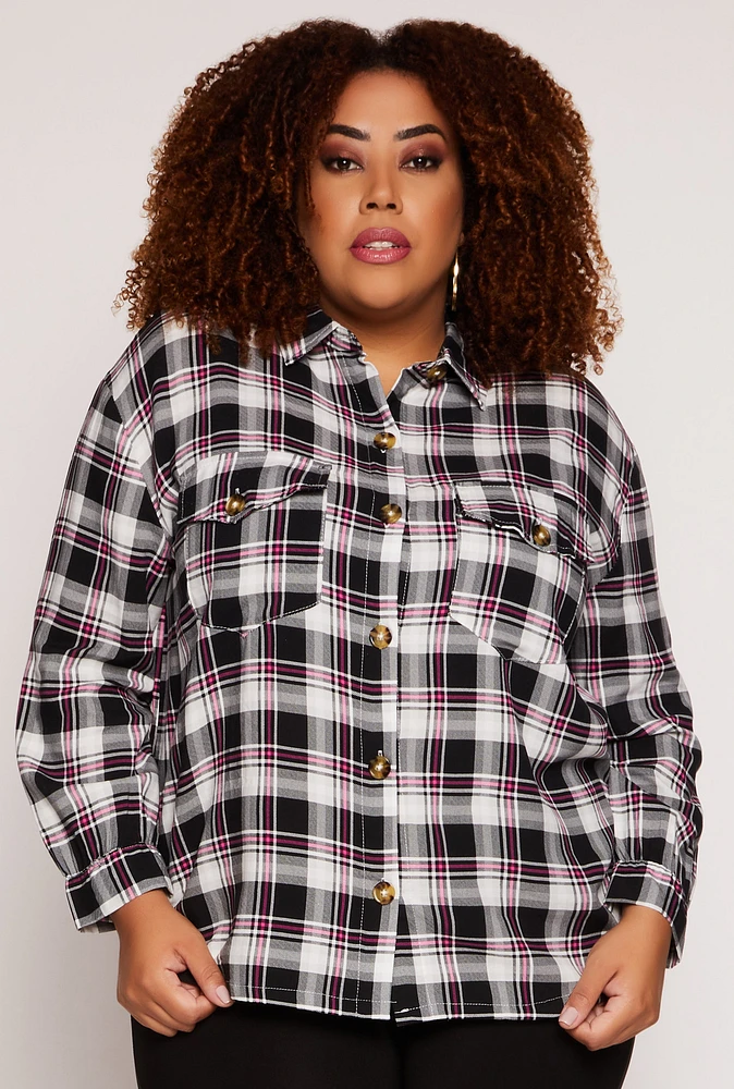 Womens Plus Size Plaid Button Front Long Sleeve Shirt, Multi, Size 3X