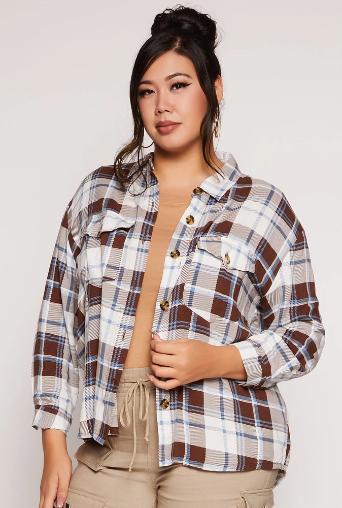 Womens Plus Plaid Button Front Long Sleeve Shirt,