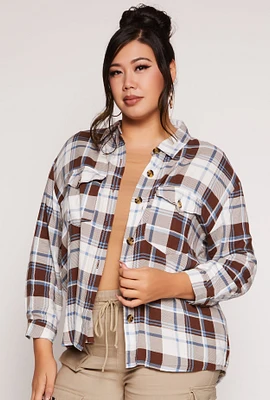 Womens Plus Plaid Button Front Long Sleeve Shirt,