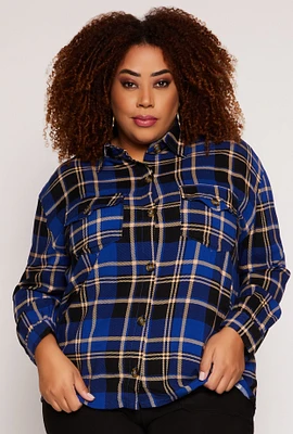 Womens Plus Plaid Button Front Long Sleeve Shirt,