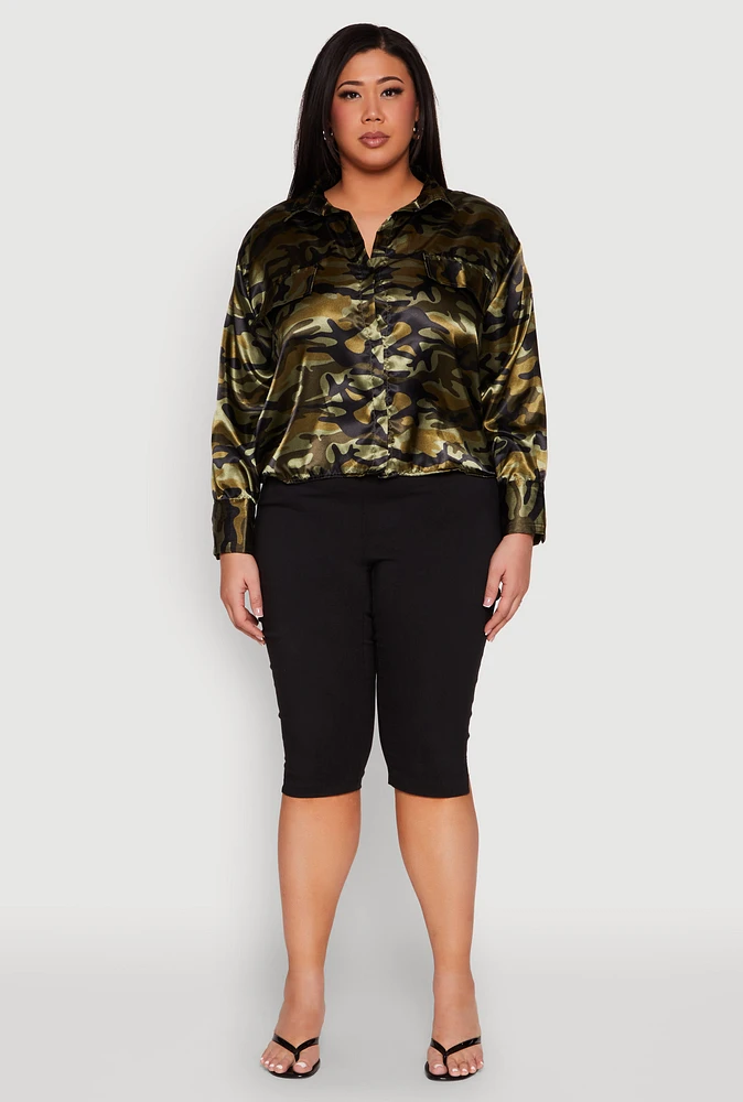 Womens Plus Size Camo Satin Shirt, Green, Size 1X