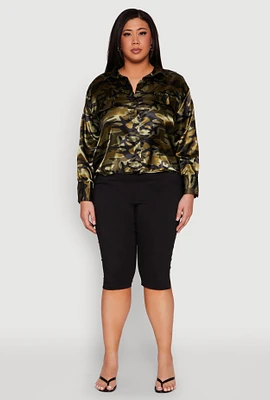 Womens Plus Size Camo Satin Shirt, Green, Size 1X