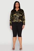 Womens Plus Size Camo Satin Shirt, Green, Size 1X