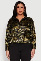 Womens Plus Size Camo Satin Shirt, Green, Size 1X