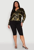 Womens Plus Size Camo Satin Shirt, Green, Size 1X