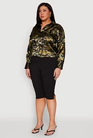 Womens Plus Size Camo Satin Shirt, Green, Size 1X