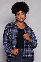 Womens Plus Size Plaid Brushed Knit Flannel Shirt, Blue, Size 1X