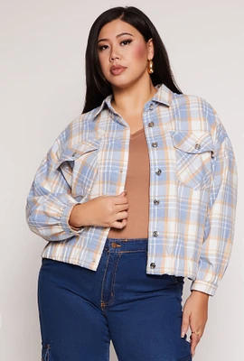 Womens Plus Size Plaid Brushed Knit Flannel Shirt, Blue, Size 1X