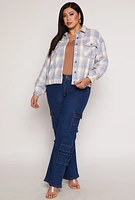 Womens Plus Size Plaid Brushed Knit Flannel Shirt, Blue, Size 1X