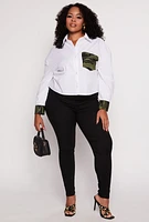 Womens Plus Size Camo Pocket Detail Button Front Shirt, White, Size 2X