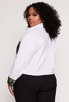 Womens Plus Size Camo Pocket Detail Button Front Shirt, White, Size 2X