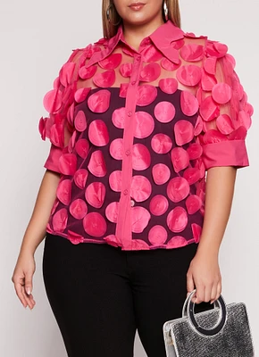 Womens Plus Size Organza Polka Dot Applique Top, Pink, Size 2X