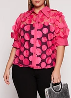 Womens Plus Size Organza Polka Dot Applique Top, Pink, Size 2X