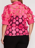 Womens Plus Size Organza Polka Dot Applique Top, Pink, Size 2X