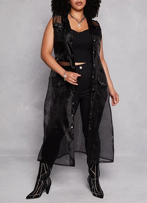 Womens Plus Size Organza Button Front Tie Waist Belted Maxi Top, Black, Size 1X