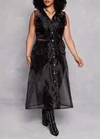 Womens Plus Size Organza Button Front Tie Waist Belted Maxi Top, Black, Size 1X