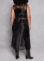 Womens Plus Size Organza Button Front Tie Waist Belted Maxi Top, Black, Size 1X