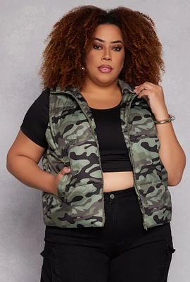 Womens Plus Size Camo Zip Front Puffer Vest, Green, Size 3X