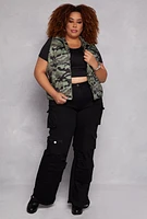 Womens Plus Size Camo Zip Front Puffer Vest, Green, Size 1X