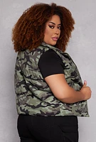 Womens Plus Size Camo Zip Front Puffer Vest, Green, Size 1X