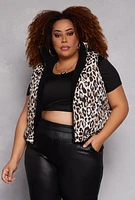 Womens Plus Size Reversible Leopard Print Puffer Vest, Brown, Size 3X