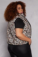 Womens Plus Size Reversible Leopard Print Puffer Vest, Brown, Size 2X