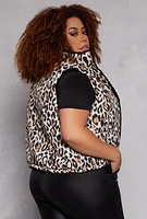 Womens Plus Reversible Leopard Print Puffer Vest, Brown,
