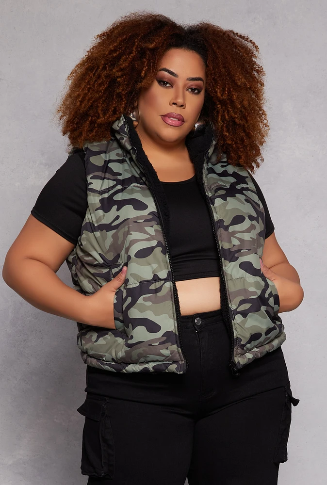 Womens Plus Size Reversible Camo Zip Front Puffer Vest, Green, Size 2X