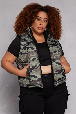 Womens Plus Size Reversible Camo Zip Front Puffer Vest, Green, Size 2X