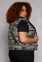 Womens Plus Size Reversible Camo Zip Front Puffer Vest, Green, Size 1X