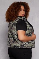 Womens Plus Size Reversible Camo Zip Front Puffer Vest, Green, Size 2X