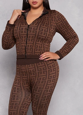 Womens Plus Size Printed Pattern Seamless Track Jacket, Brown, Size 1X-2X