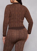 Womens Plus Size Printed Pattern Seamless Track Jacket, Brown, Size 1X-2X
