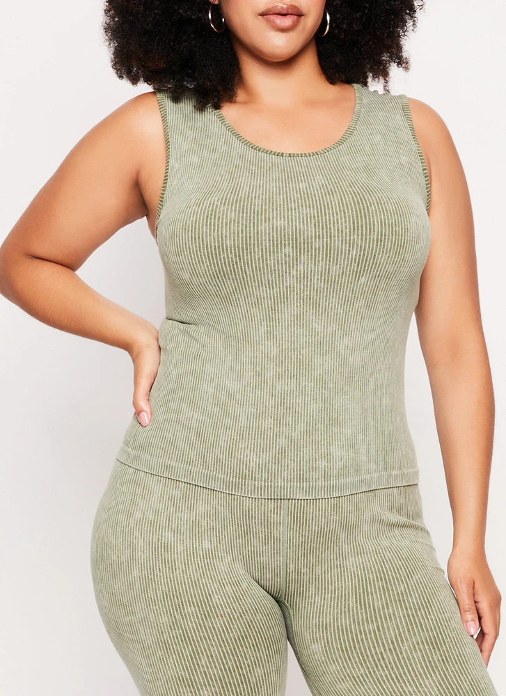 Womens Plus Size Seamless Ribbed Tank Top, Green, Size 1X-2X